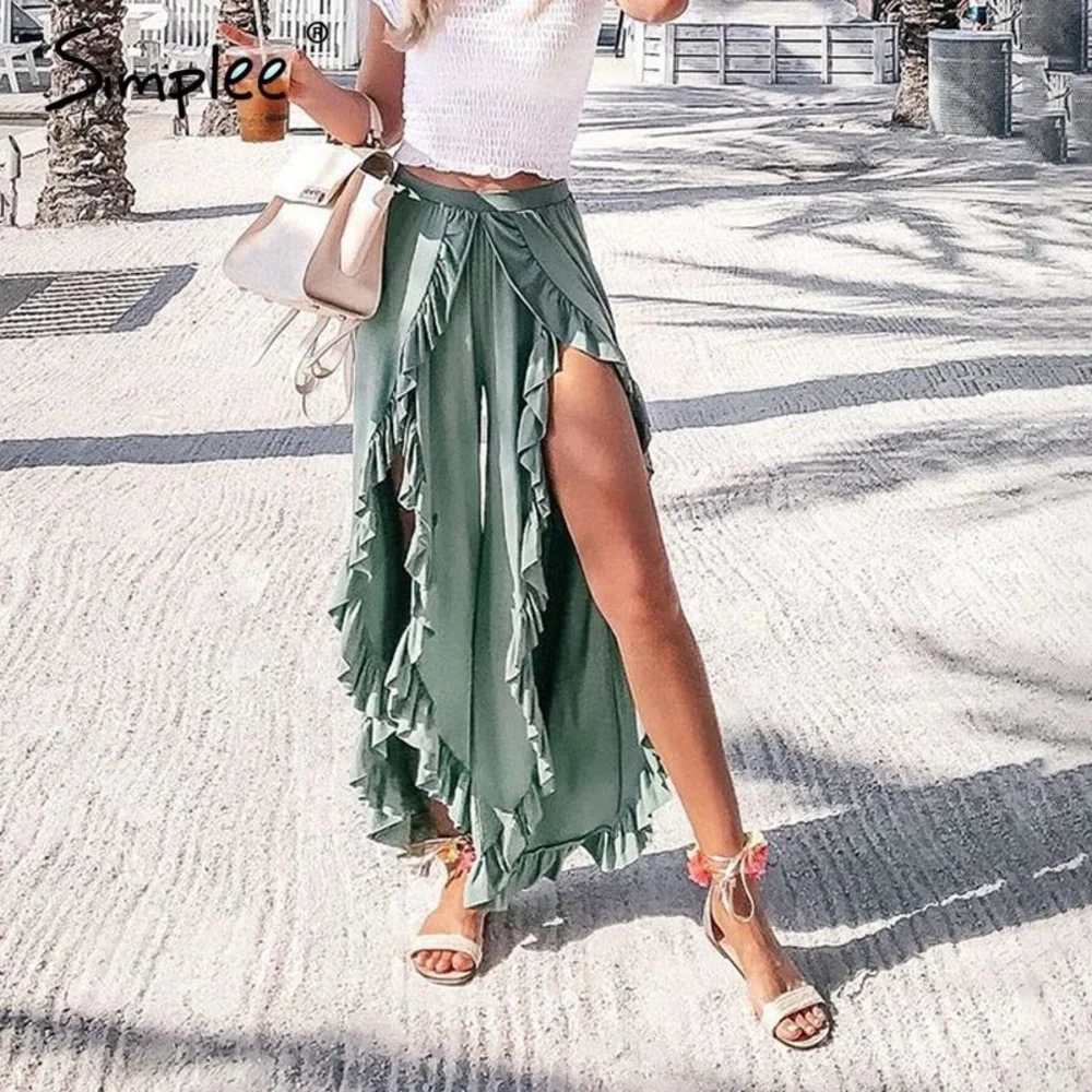 Simplee Green Ruffle Split Leg Pants - Picture 1 of 6